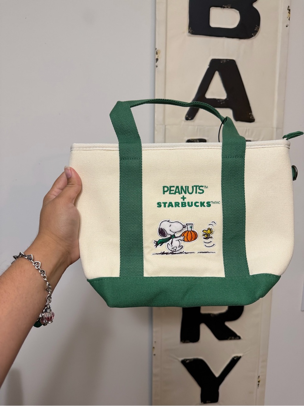 Starbucks Peanuts Cream and Green Canvas Tote with Snoopy Artwork